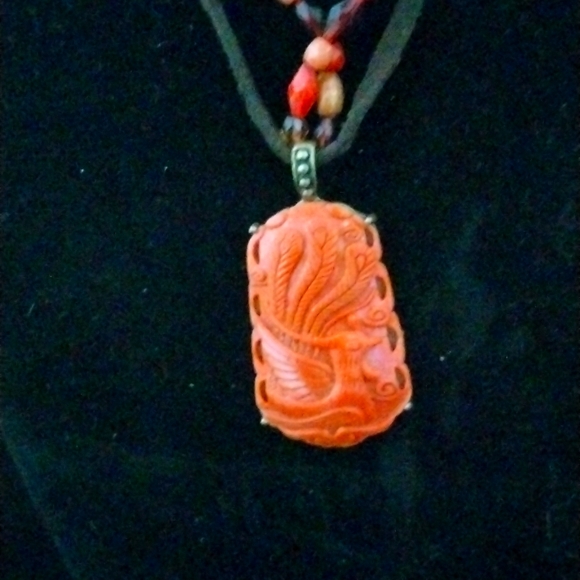Jewelry - Vintage Faux Coral Carved Celluloid Peacock Bird Pendant